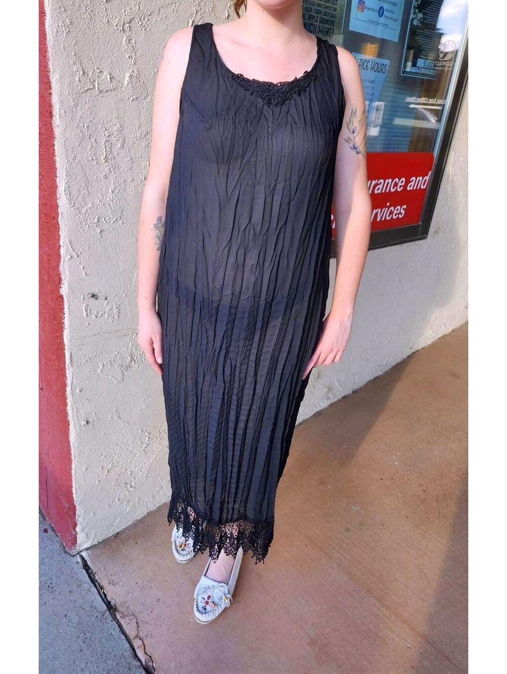 Vintage 90s Basement Black Crinkle Maxi Dress Lace Trim Sleeveless USA Made
